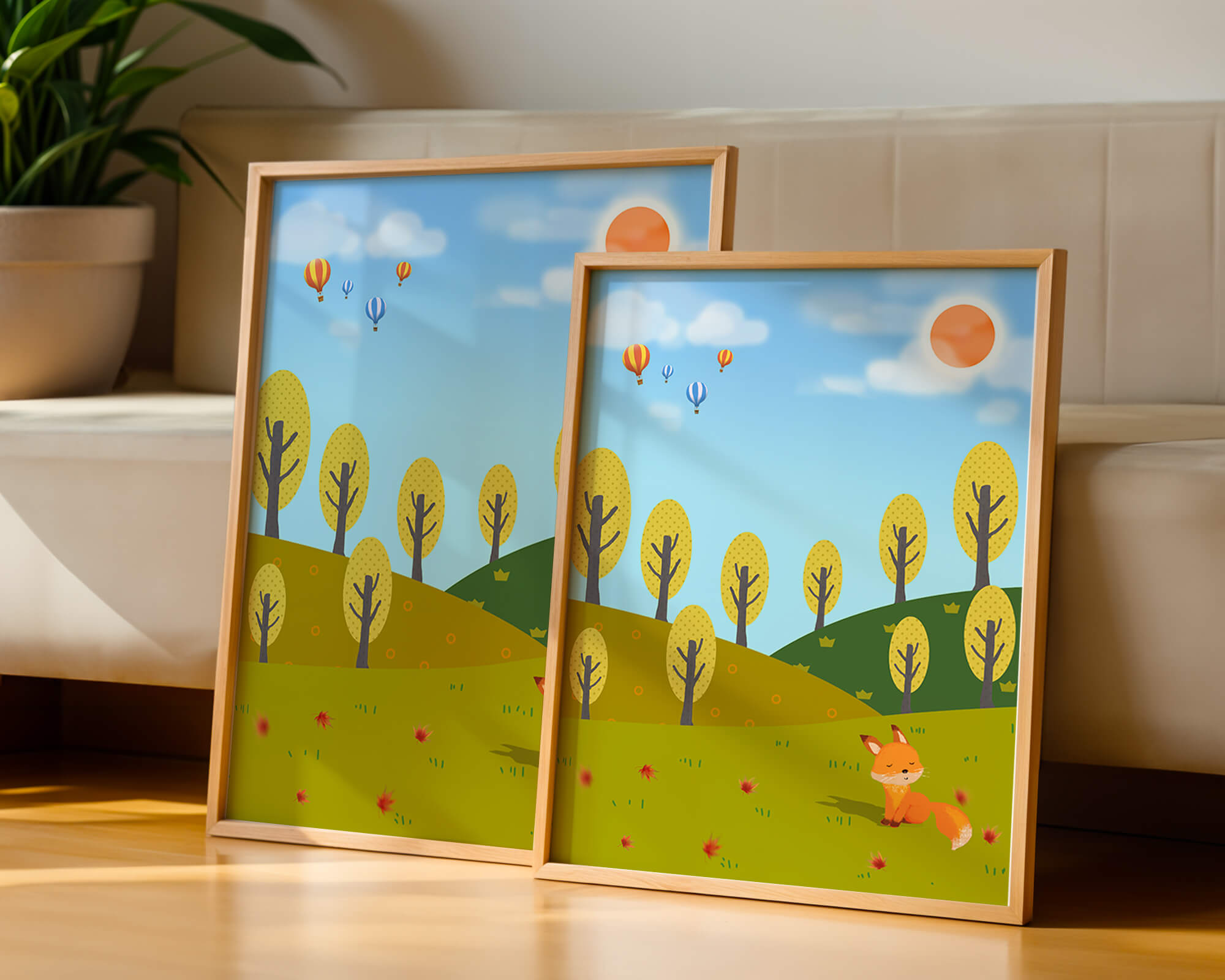 Whimsical landscape with hot air balloons and a fox in autumn scenery