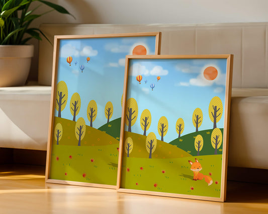 Whimsical landscape with hot air balloons and a fox in autumn scenery