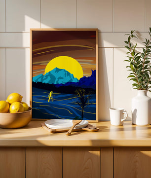 Paisaje surrealista con una puesta de sol vibrante y silueta