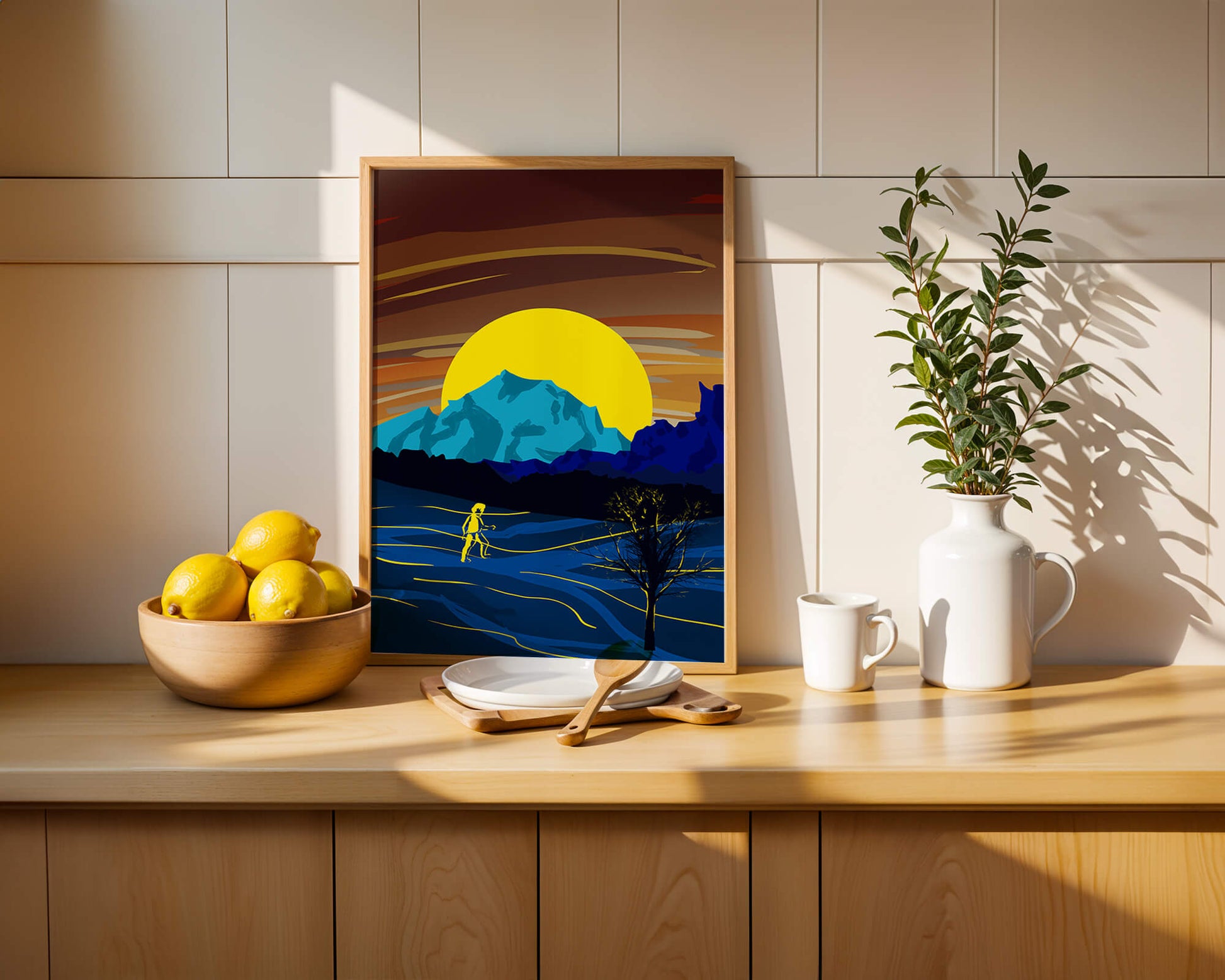 Surreal landscape with a vibrant sunset and silhouette