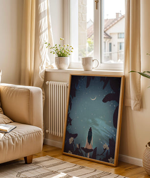 Frau mit Katze unter Sternenhimmel, umgeben von floralen Elementen