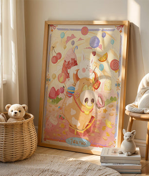 A whimsical Taurus zodiac illustration with playful animals and sweet treats