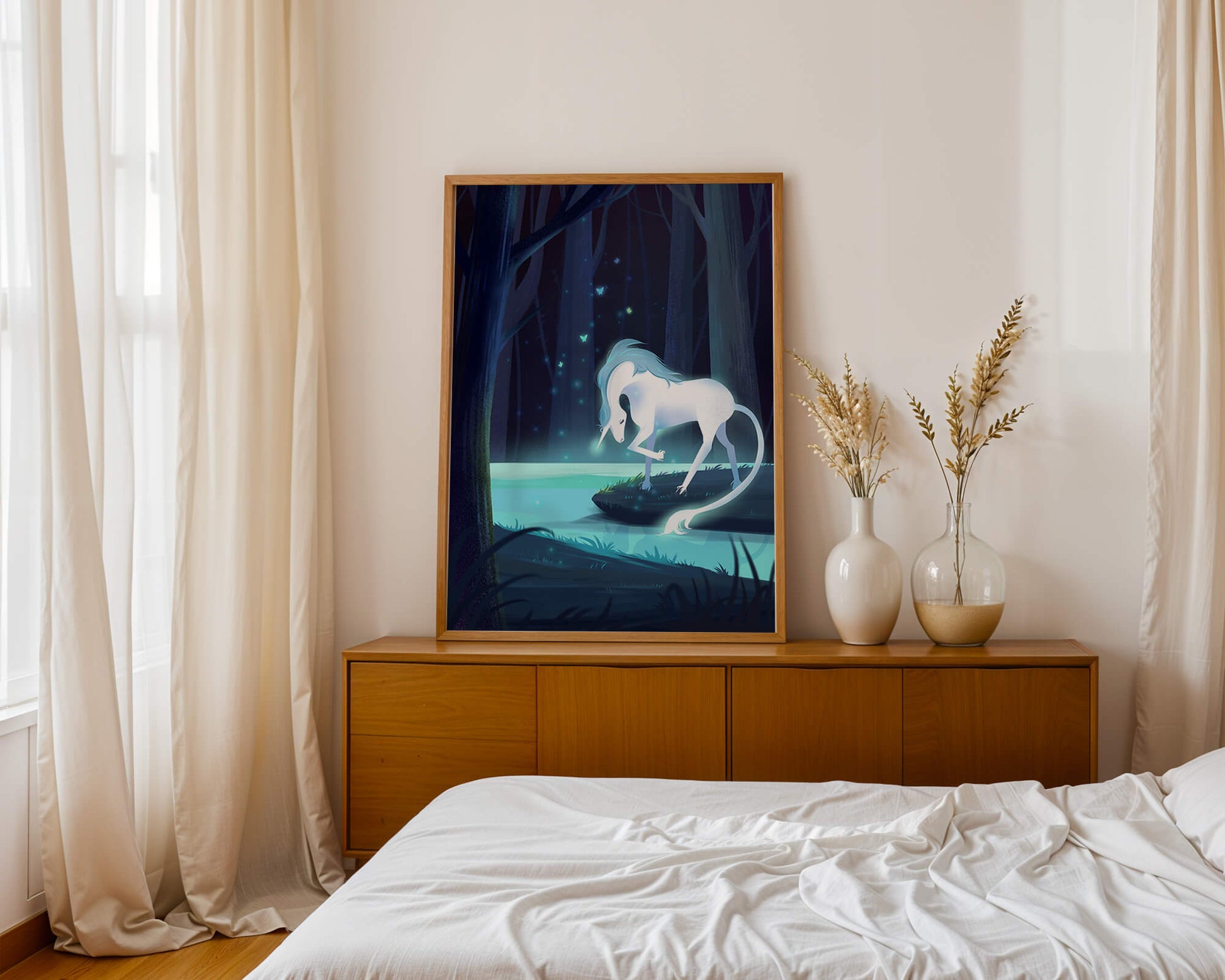 Enchanting night scene with a unicorn by a forest stream