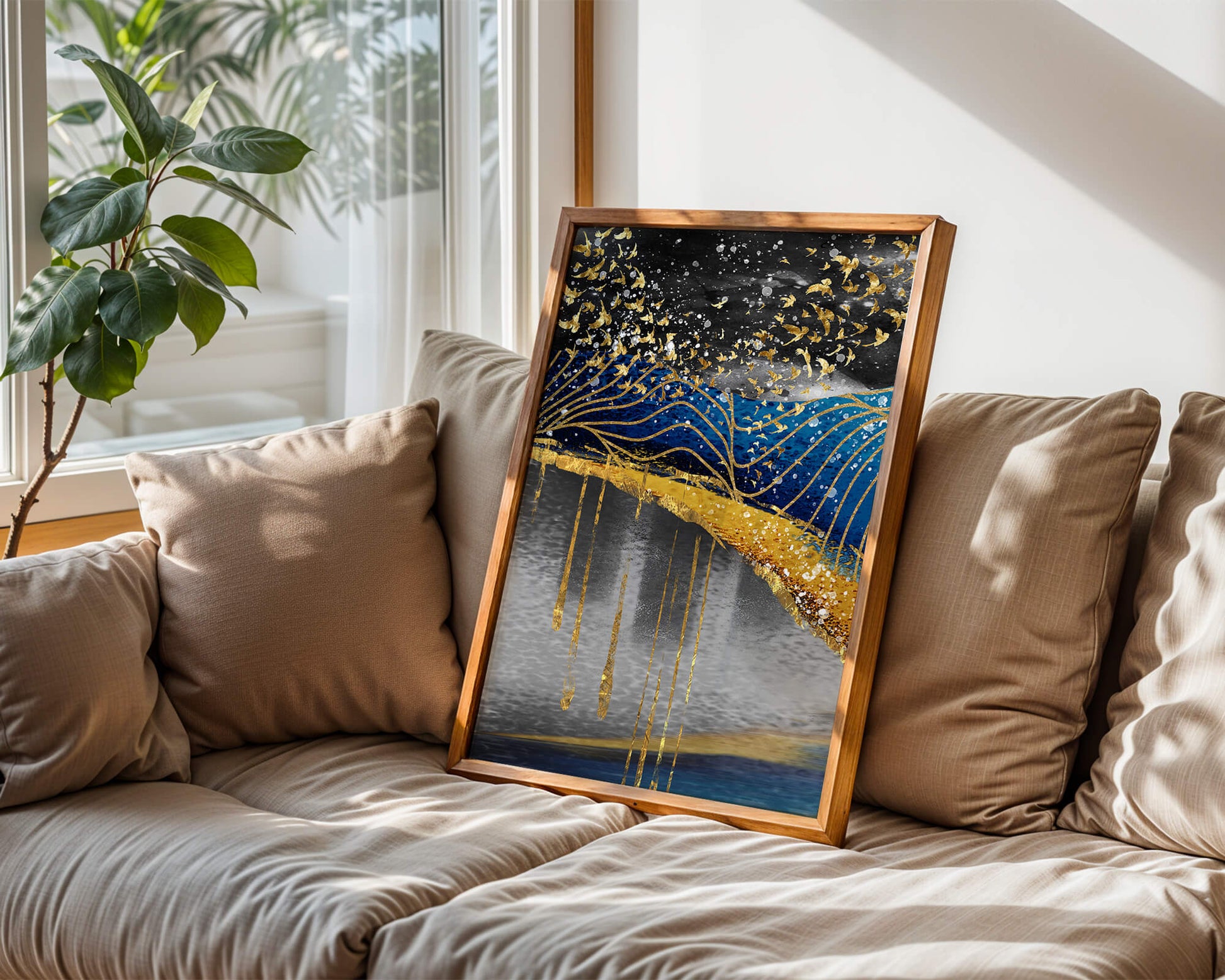 Abstract Night Sky With Golden Birds And Waves