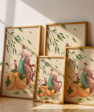 Whimsical scene with a woman in traditional attire among persimmons and leaves