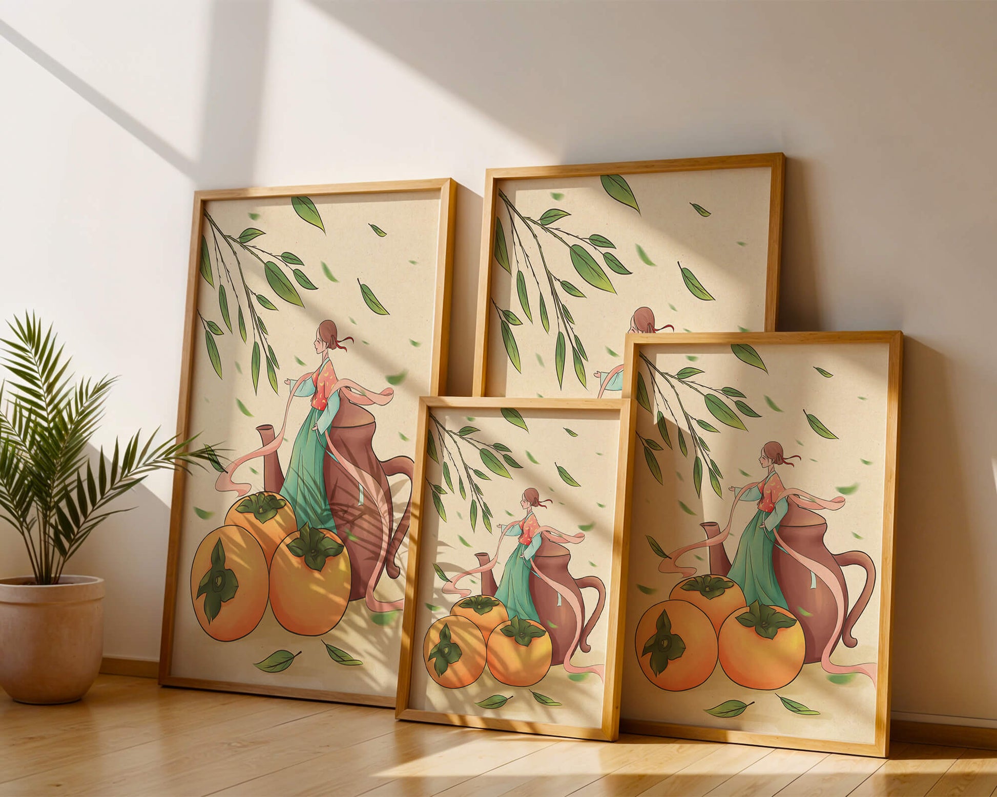 Whimsical scene with a woman in traditional attire among persimmons and leaves