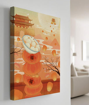 Scène de festival traditionnel chinois avec des lanternes et des raviolis
