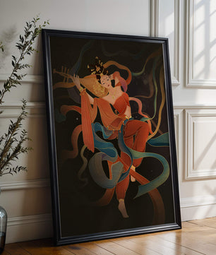 Elegant depiction of a goddess playing a lute with flowing ribbons
