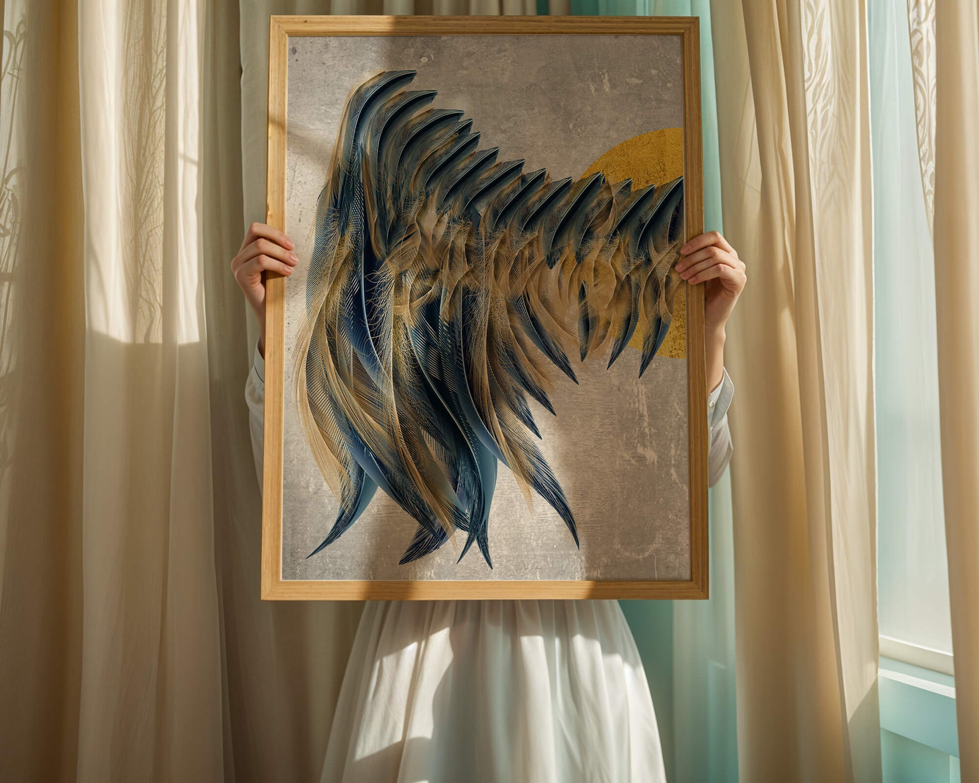 Arte abstracto de plumas con detalles dorados sobre fondo texturizado
