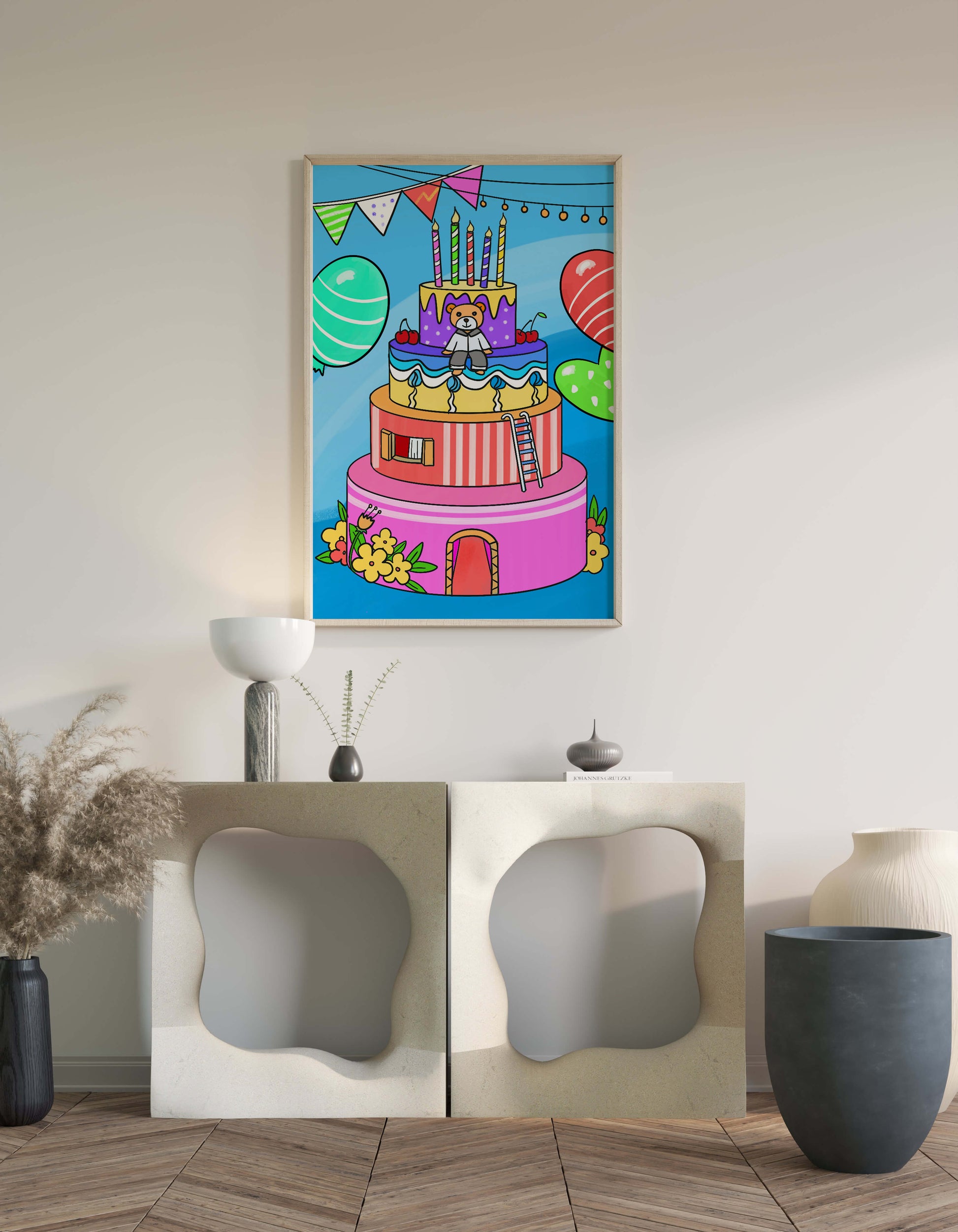 Colorful birthday cake with teddy bear and festive decorations