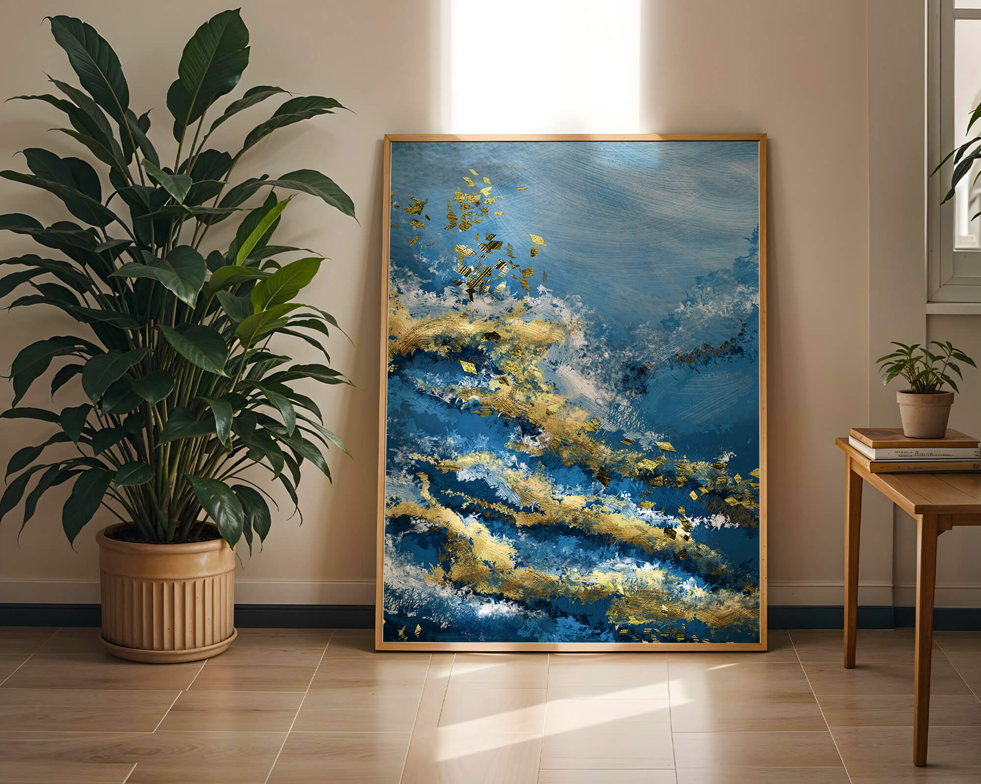 Abstract blue and gold texture with dynamic patterns