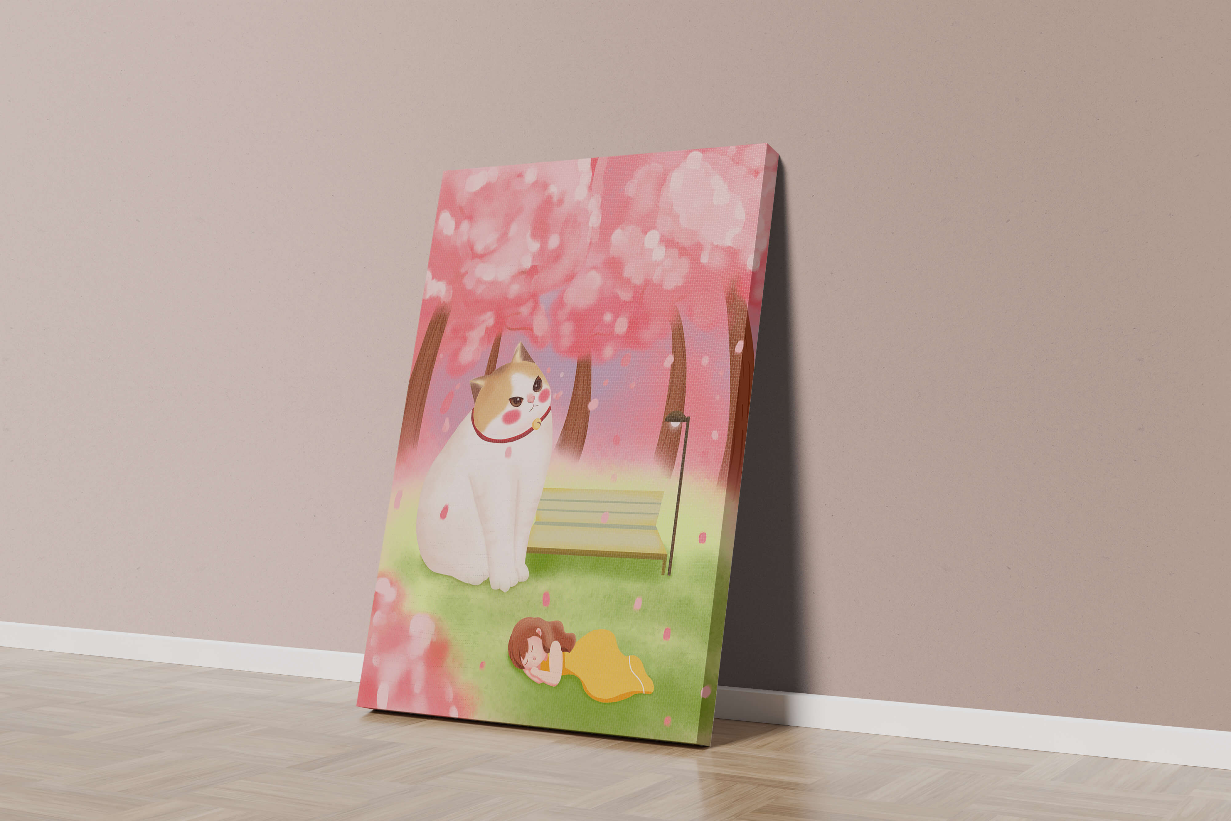 Whimsical scene with giant cat and girl under cherry blossoms