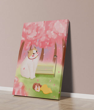 Whimsical scene with giant cat and girl under cherry blossoms