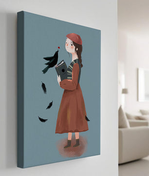 chica en atuendo vintage con pájaro y libro sobre fondo azul