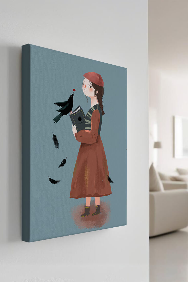 girl in vintage attire with bird and book on blue background