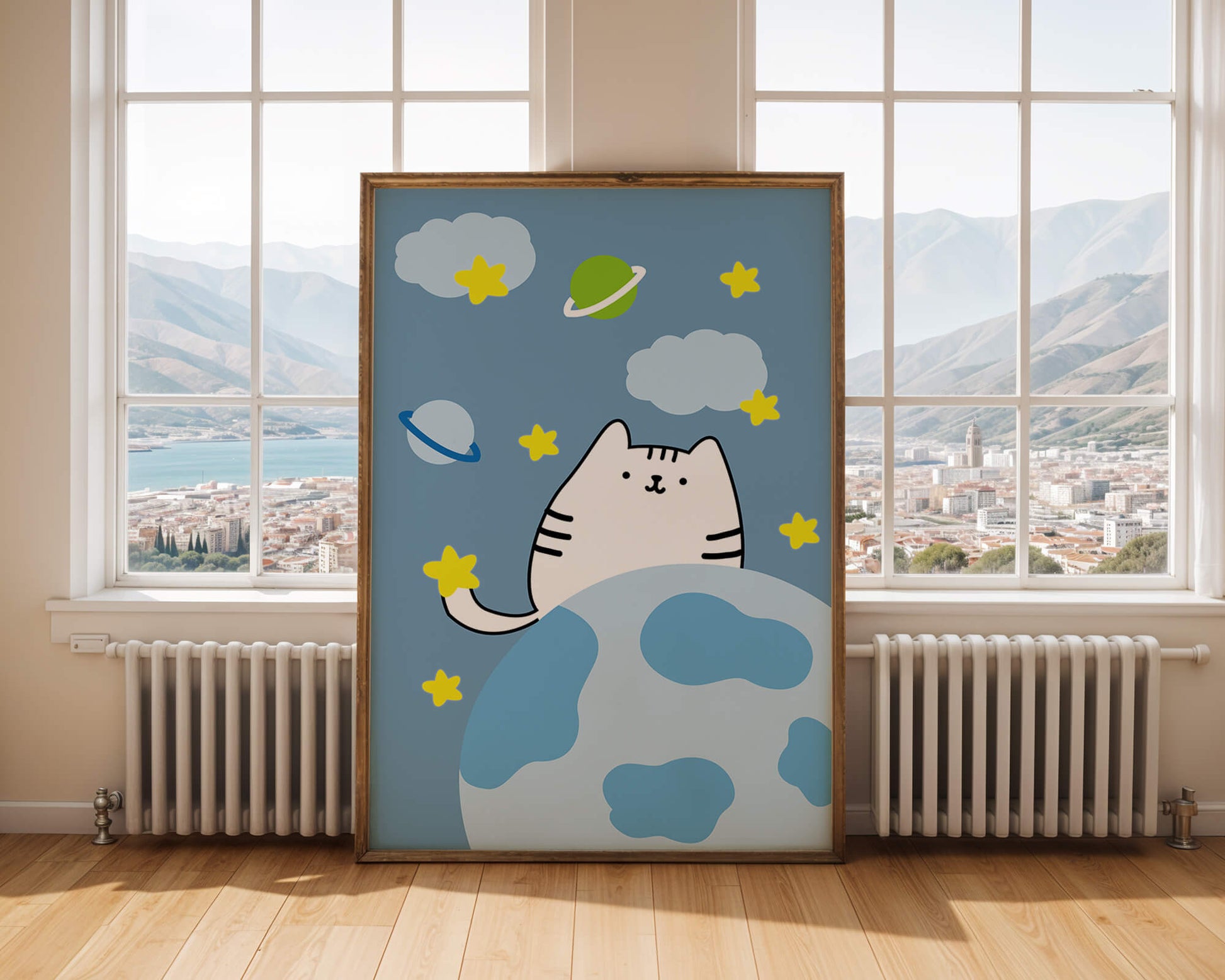 Ilustración encantadora de un gatito en una escena espacial caprichosa con nubes y estrellas
