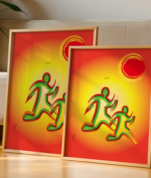Abstract colorful figures under a vibrant sun with warm tones
