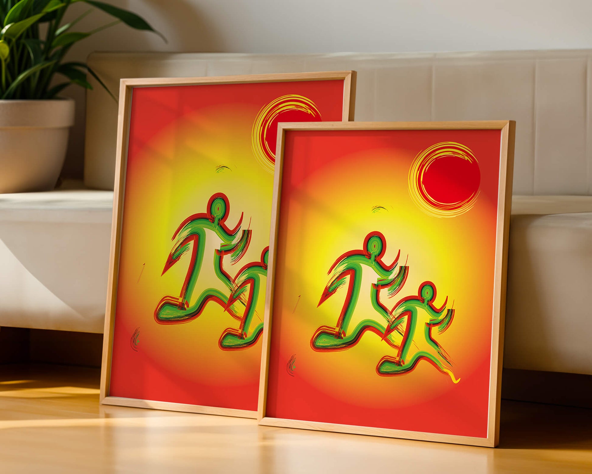 Abstract colorful figures under a vibrant sun with warm tones