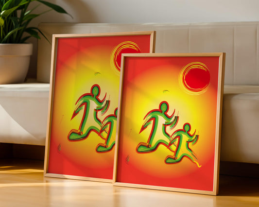 Abstract colorful figures under a vibrant sun with warm tones