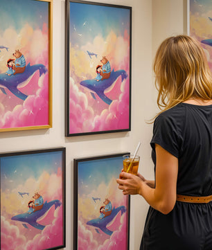 Fantasy illustration of girl and bear riding a whale through colorful clouds