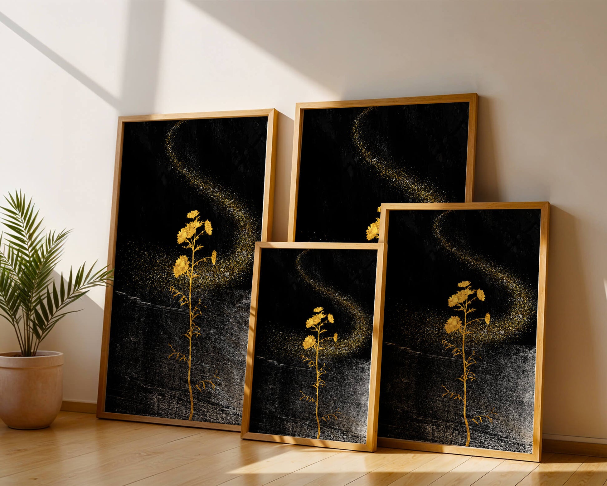 Golden Flowers on Black Background with Sparkling Dust