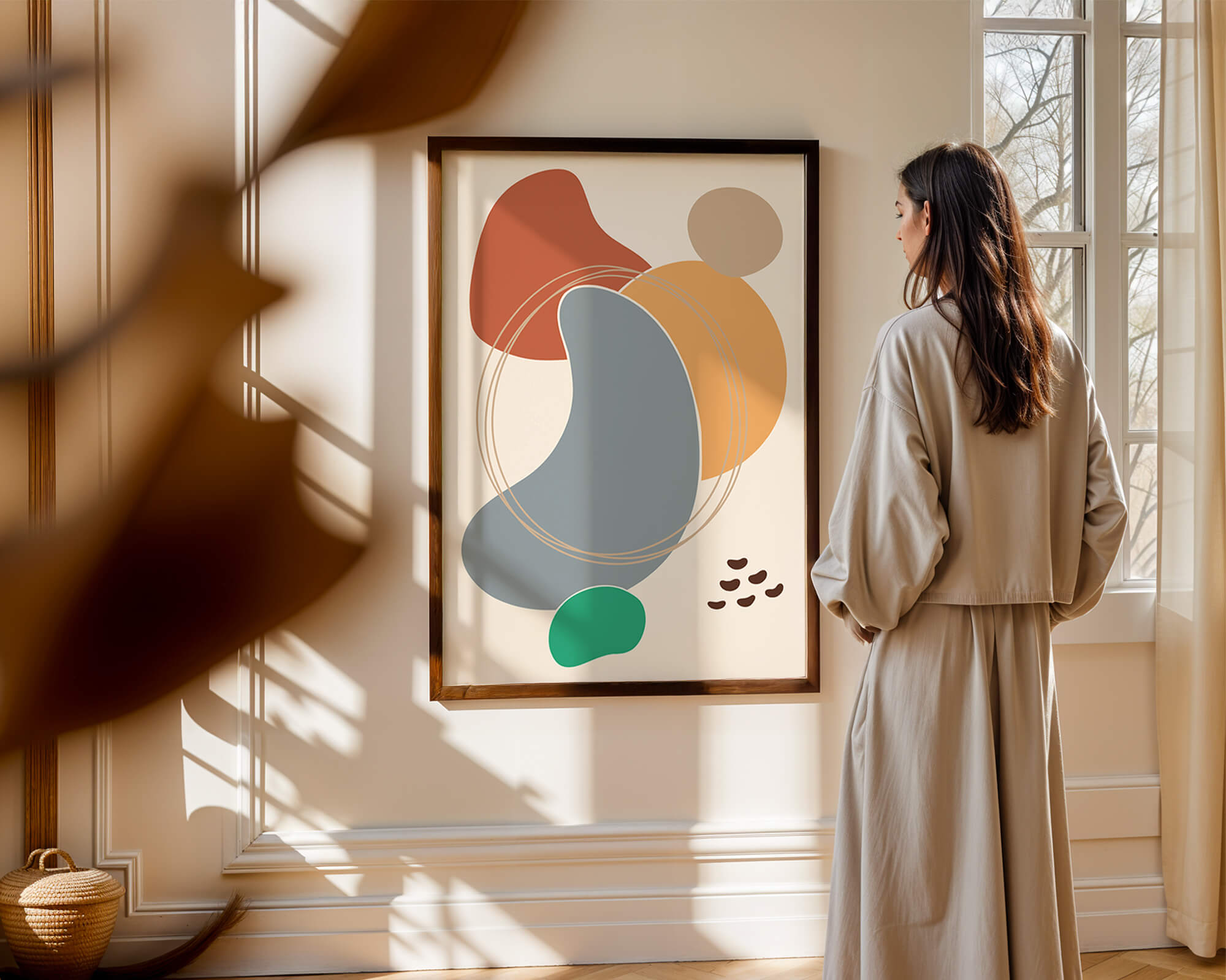 Abstract geometric art with colorful organic shapes and lines