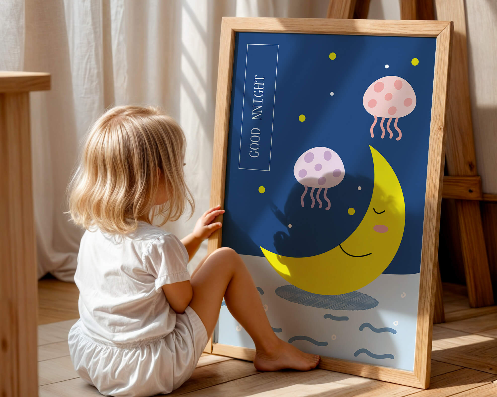 Whimsical night scene with a smiling moon and playful jellyfish