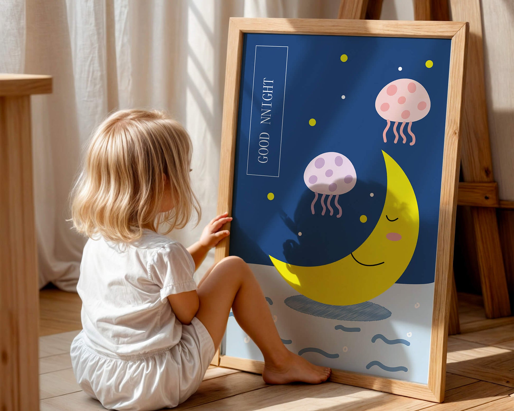 Whimsical night scene with a smiling moon and playful jellyfish