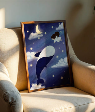 Whimsical night scene with flying angel and whale