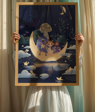 Escena nocturna onírica con un niño y monstruos amigables sobre una luna creciente