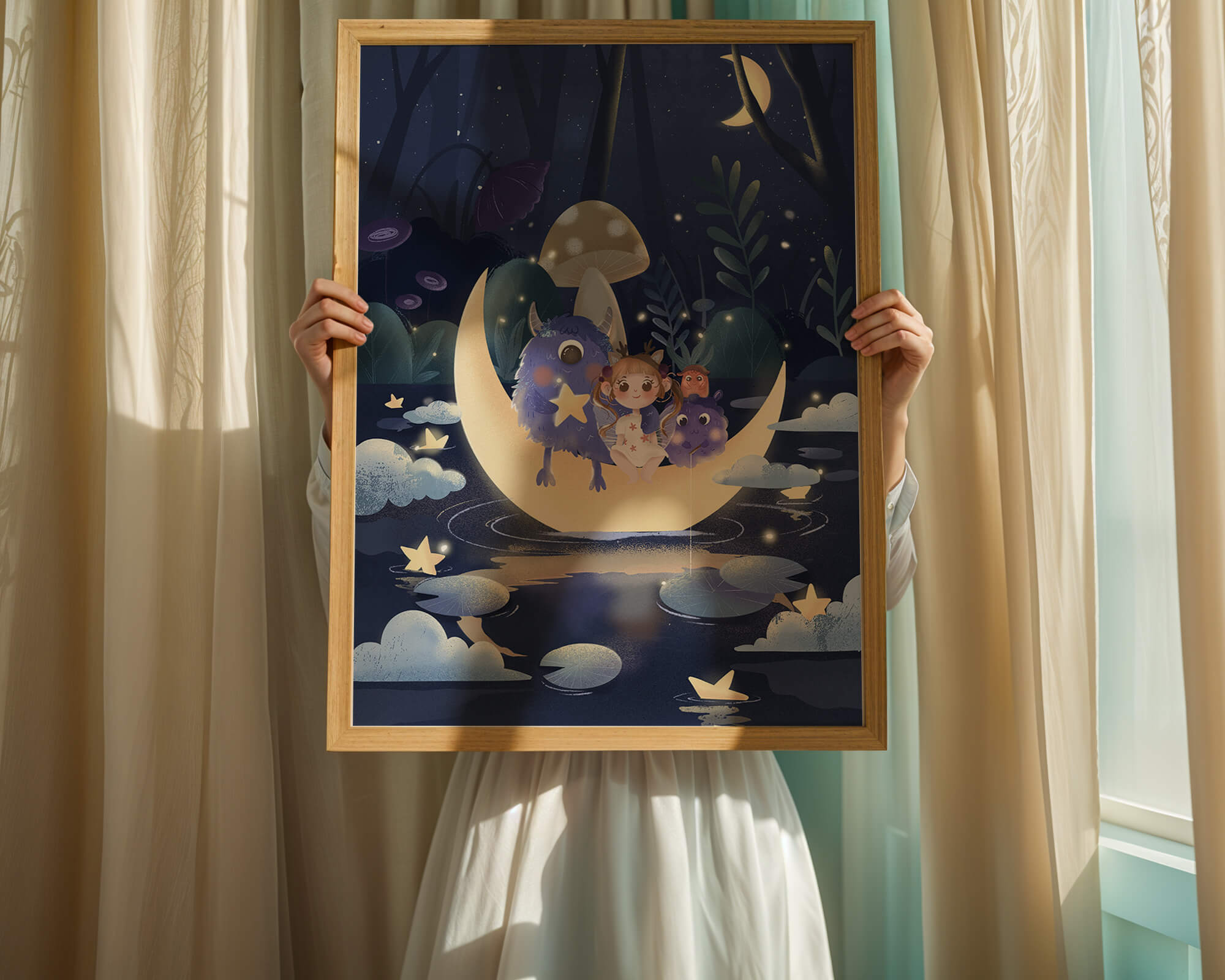 Dreamy night scene with a child and friendly monsters on a crescent moon
