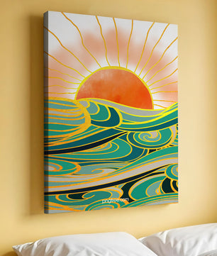 Sunrise over stylized ocean waves with gold accents