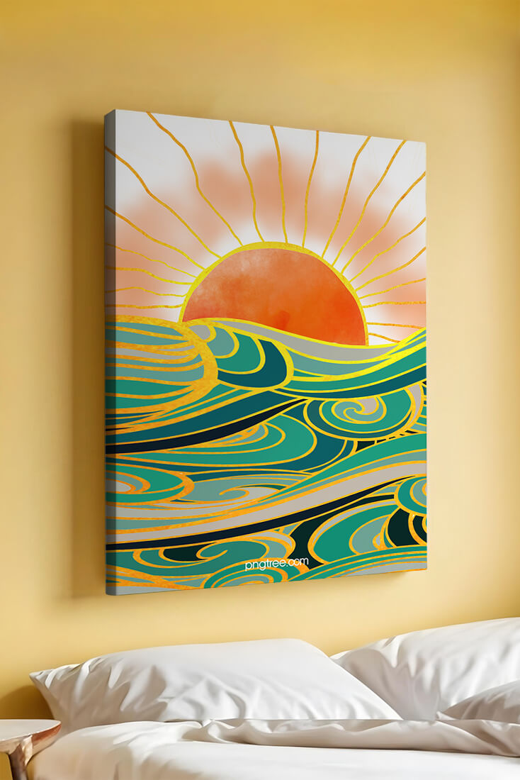 Sunrise over stylized ocean waves with gold accents