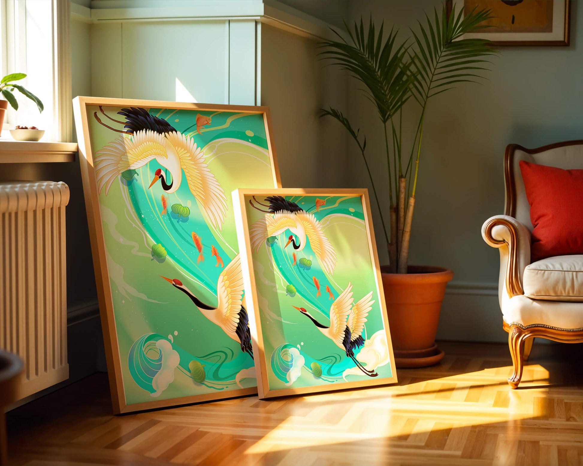 Elegante Kraniche und Fische in einer lebendigen Wasserszene
