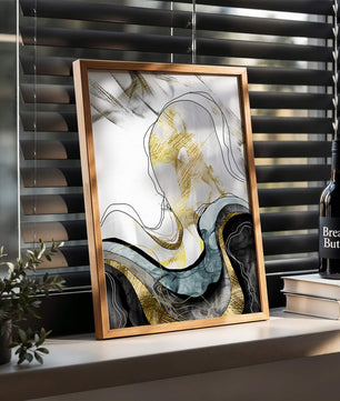 Arte abstracto con líneas fluidas y detalles dorados