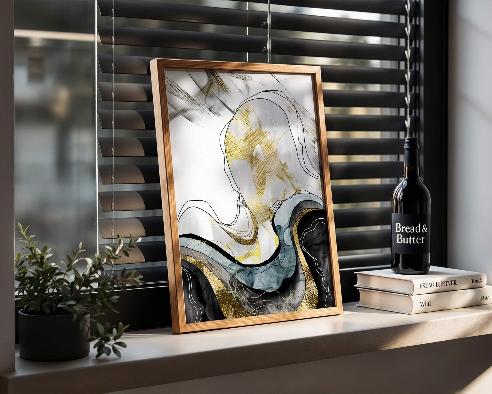 Arte abstracto con líneas fluidas y detalles dorados