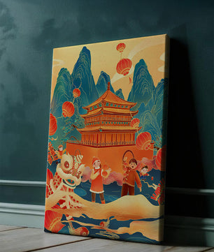 Traditionelles chinesisches Fest mit Laternen und Löwentanz