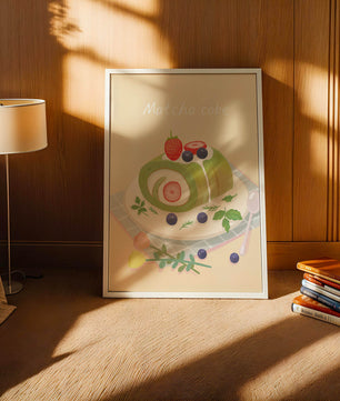 Illustration of a Matcha Roll Cake with Fresh Berries on Pastel Background - Mi tienda