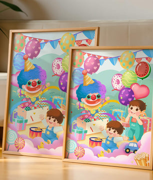 Colorful clown-themed children's party with balloons and toys