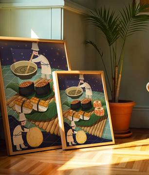 Ilustración juguetona de chefs preparando sushi en un paisaje imaginario