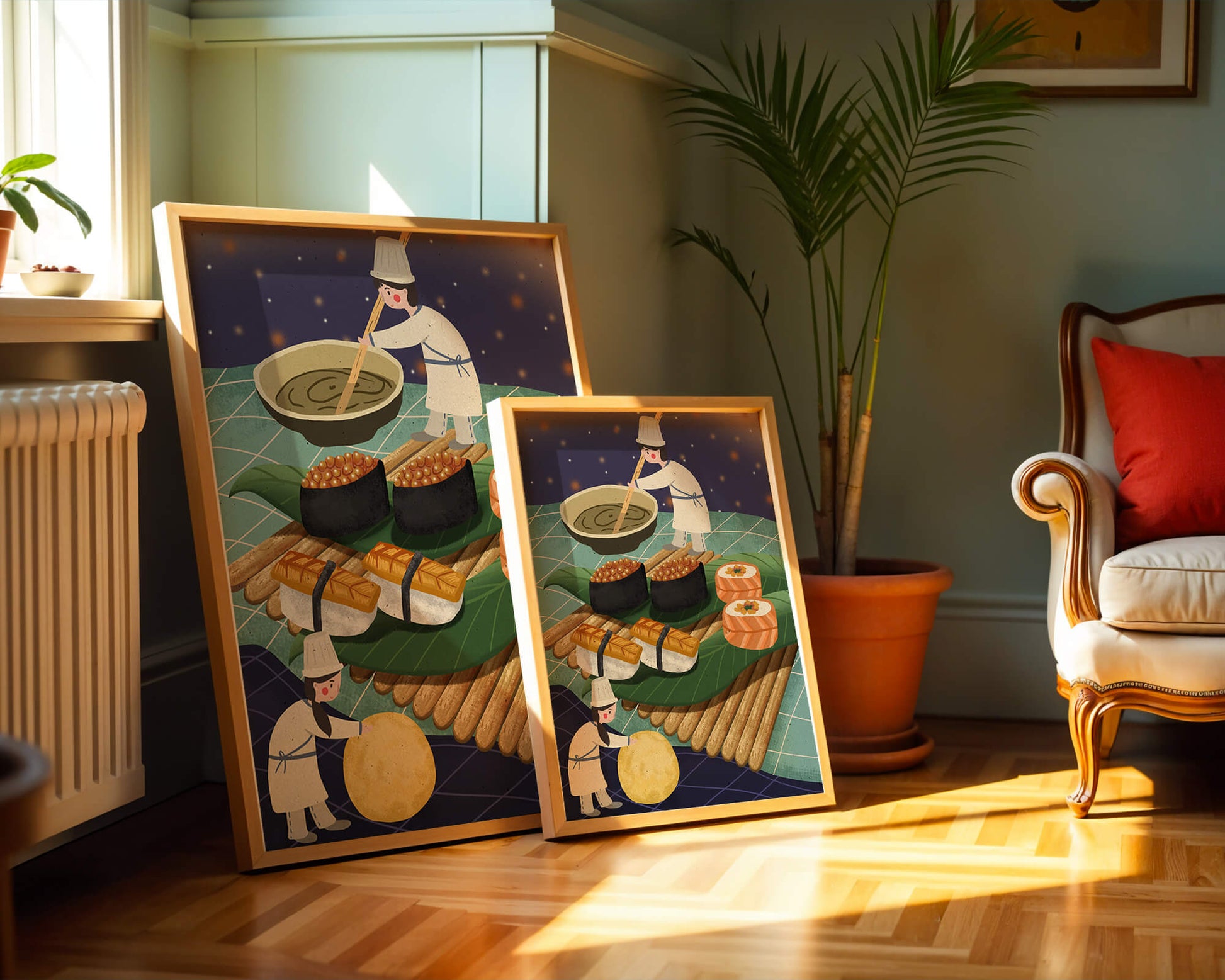 Ilustración juguetona de chefs preparando sushi en un paisaje imaginario