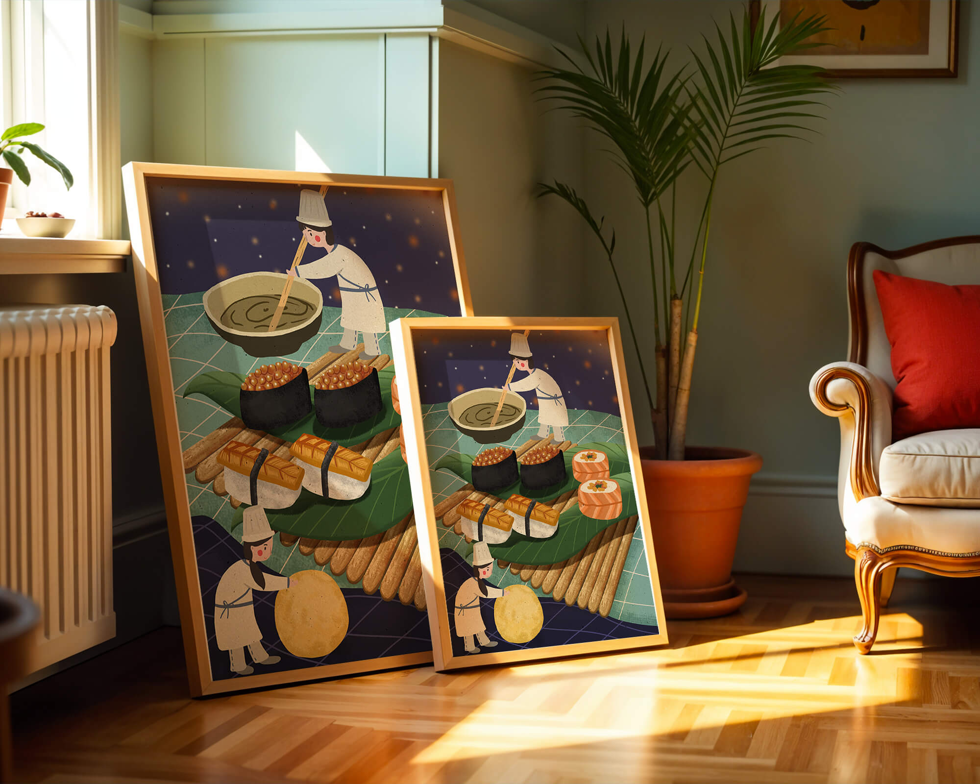 Ilustración juguetona de chefs preparando sushi en un paisaje imaginario