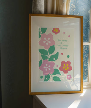 Florale Illustration mit Kirschblüten und grünen Blättern