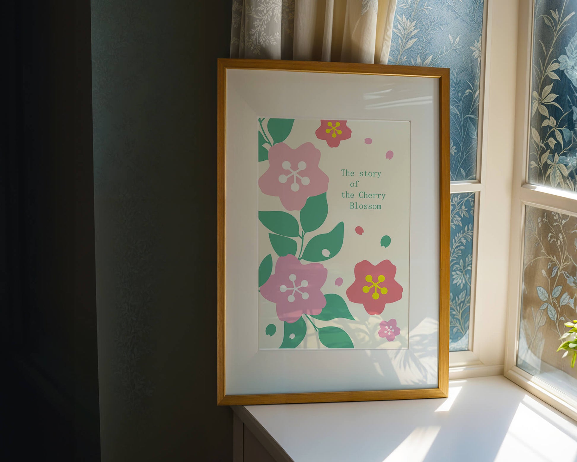 Floral illustration with cherry blossoms and green leaves
