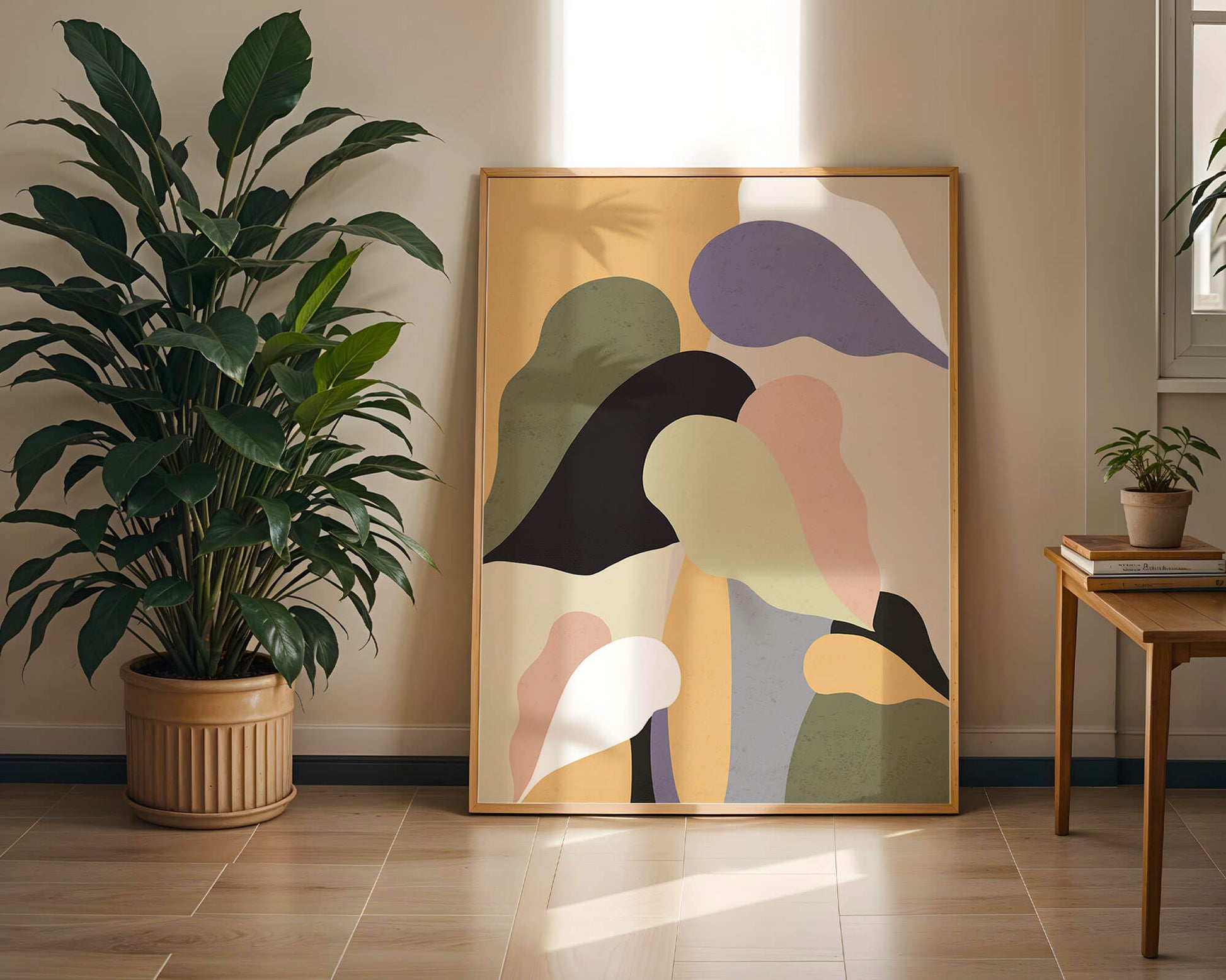 Abstract organic shapes in pastel colors with textured background