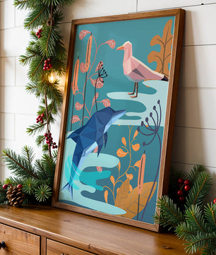 Geometric Dolphin and Seagull with Floral Elements in Abstract Nature