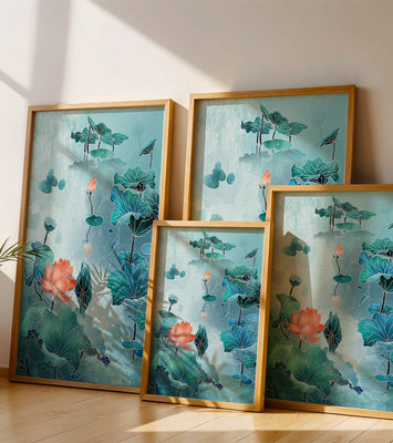 Serene aquatic landscape with lotus and water lilies in artistic style