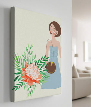Ilustración de una mujer en vestido azul con diseño floral