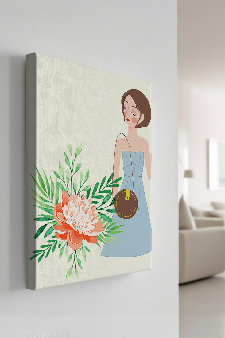 Ilustración de una mujer en vestido azul con diseño floral