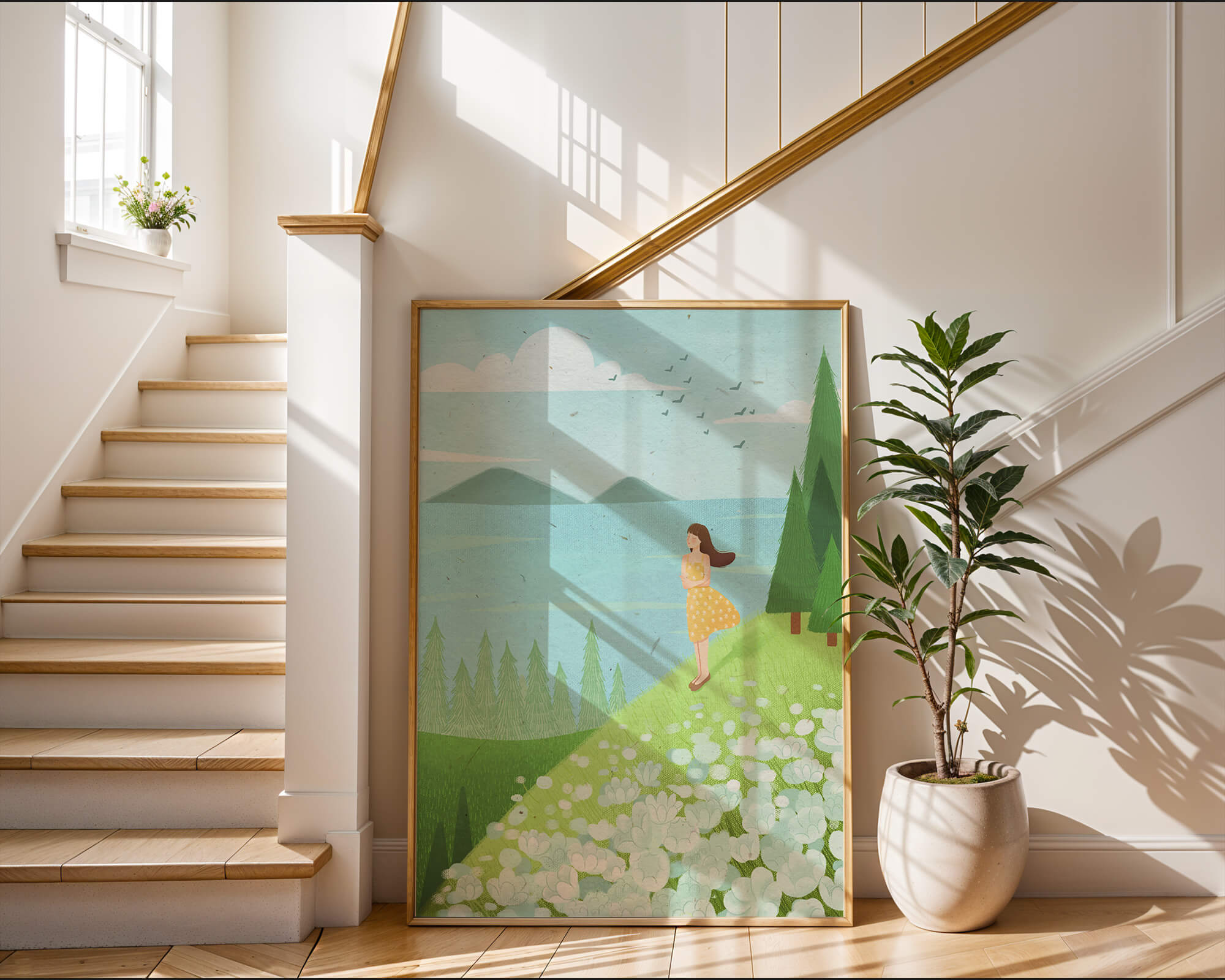 Mujer en vestido amarillo en la ladera con flores y árboles